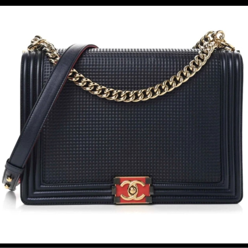 Chanel Boy Flap Bag Cube Embossed Lambskin Large - Navy